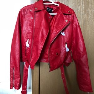 Vegan red leather Moto jacket-M